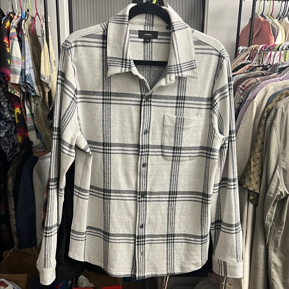 Vince White and Black Plaid Knit Shirt Jacket